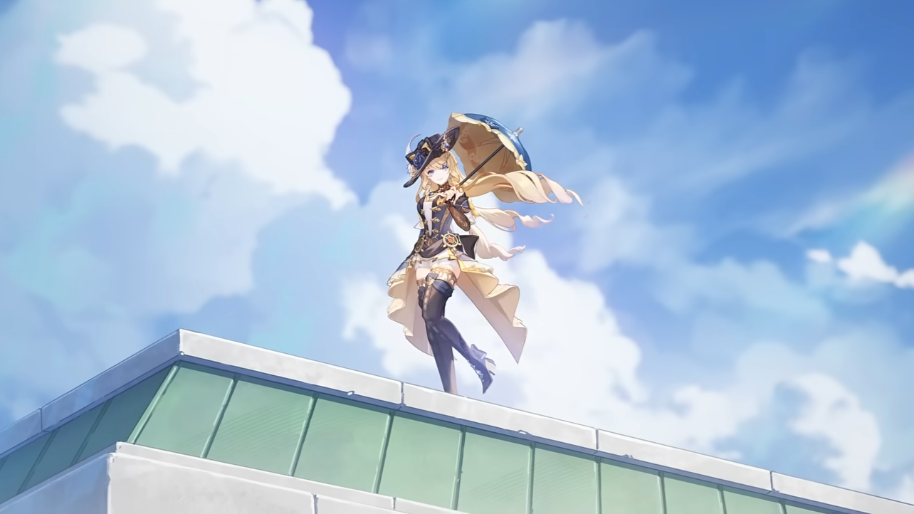 Navia standing on a roof holding a parasol. 