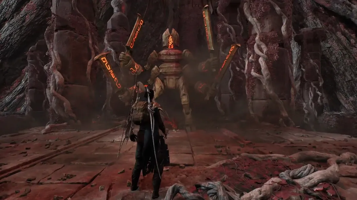 A character takes on a giant stone warrior wielding multiple swords in Remnant 2.