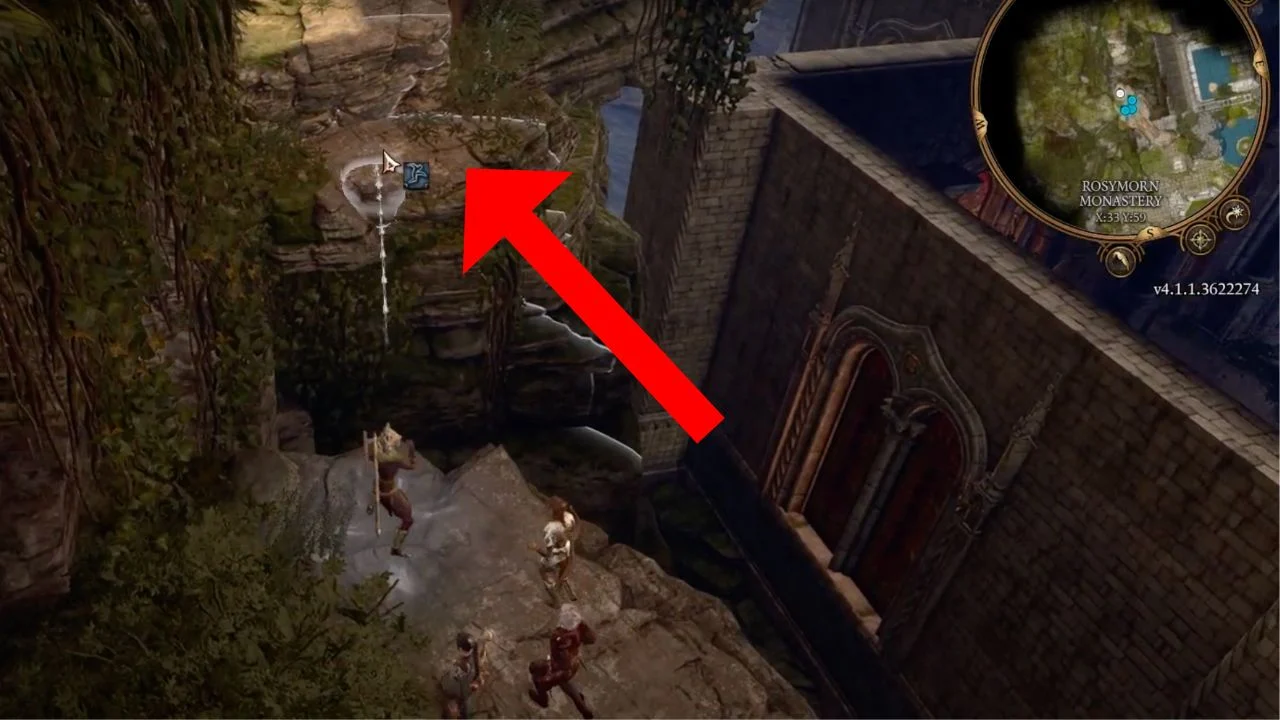 Red arrow pointing to a barricade in Rosymorn Monastery in BG3