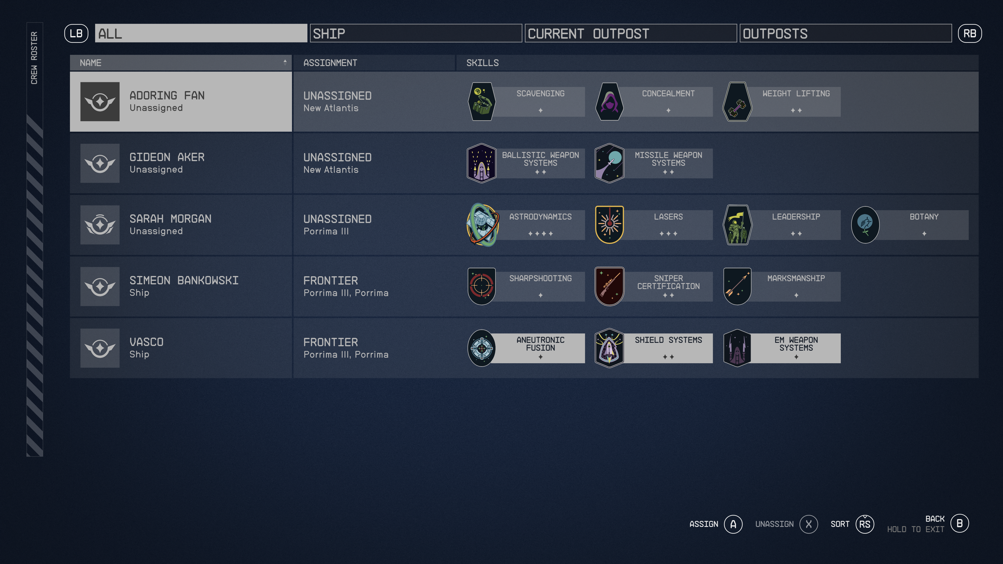 An in-game screenshot of the crew menu from the sci-fi game Starfield. 