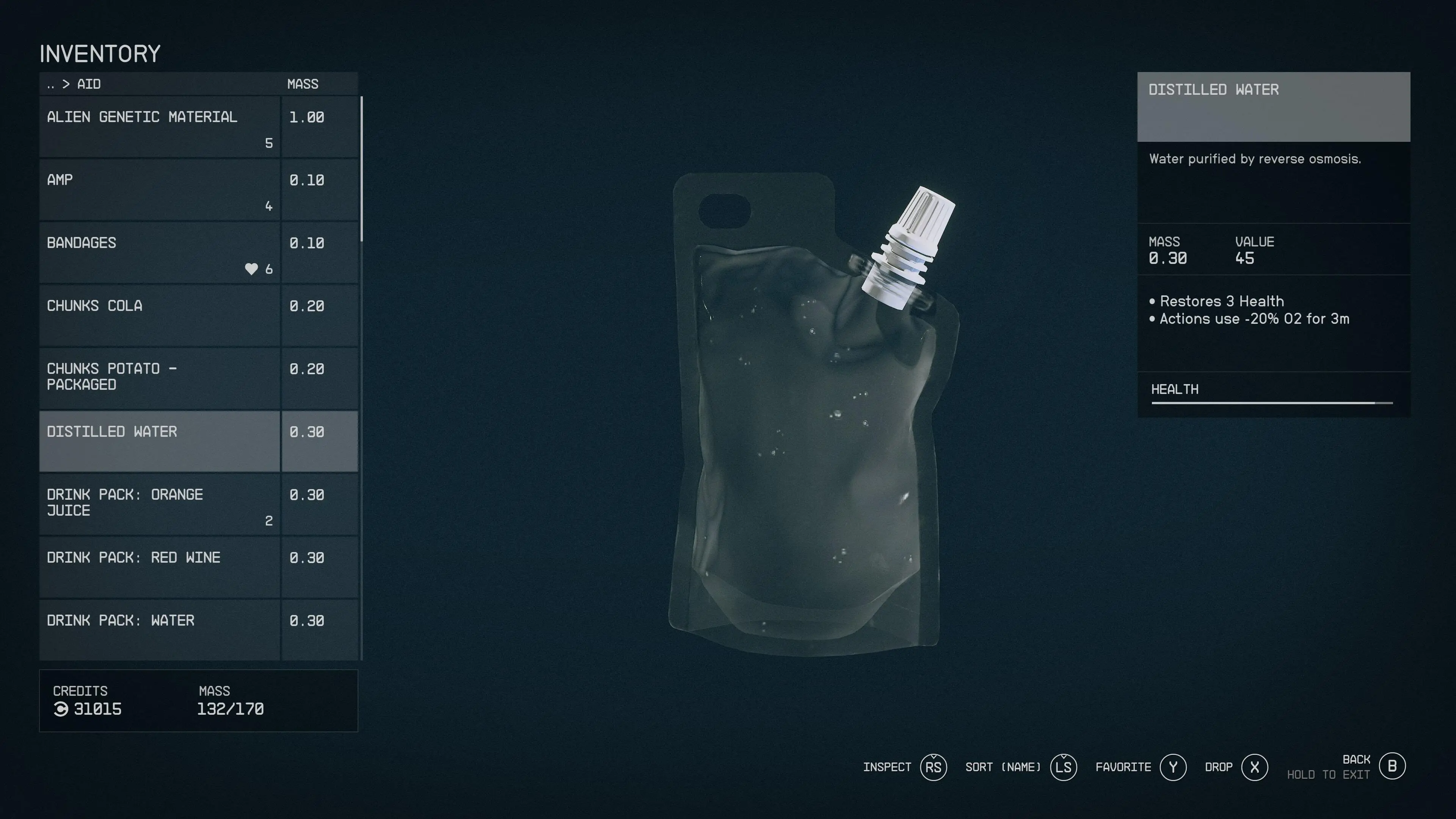 Distilled Water inventory listing in Starfield