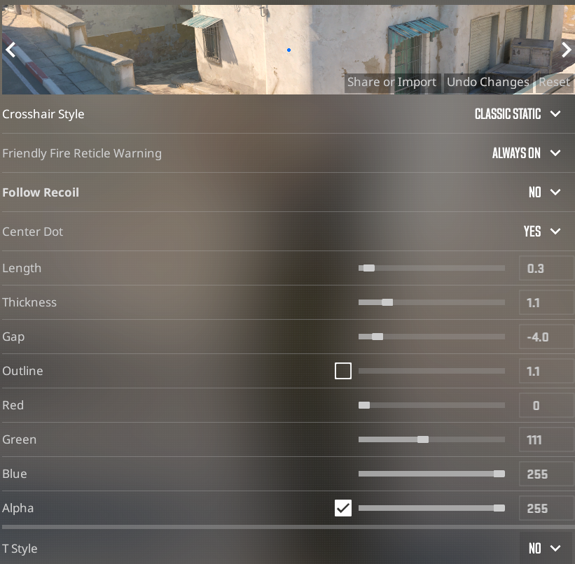 Dot crosshair with outlines in CS2 settings