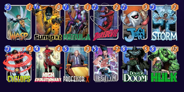 Marvel Snap deck consisting of Wasp, Sunspot, Nebula, Daredevil, Jeff the Baby Land Shark, Storm, Cyclops, High Evolutionary, Legion, Doctor Doom, and Hulk. 