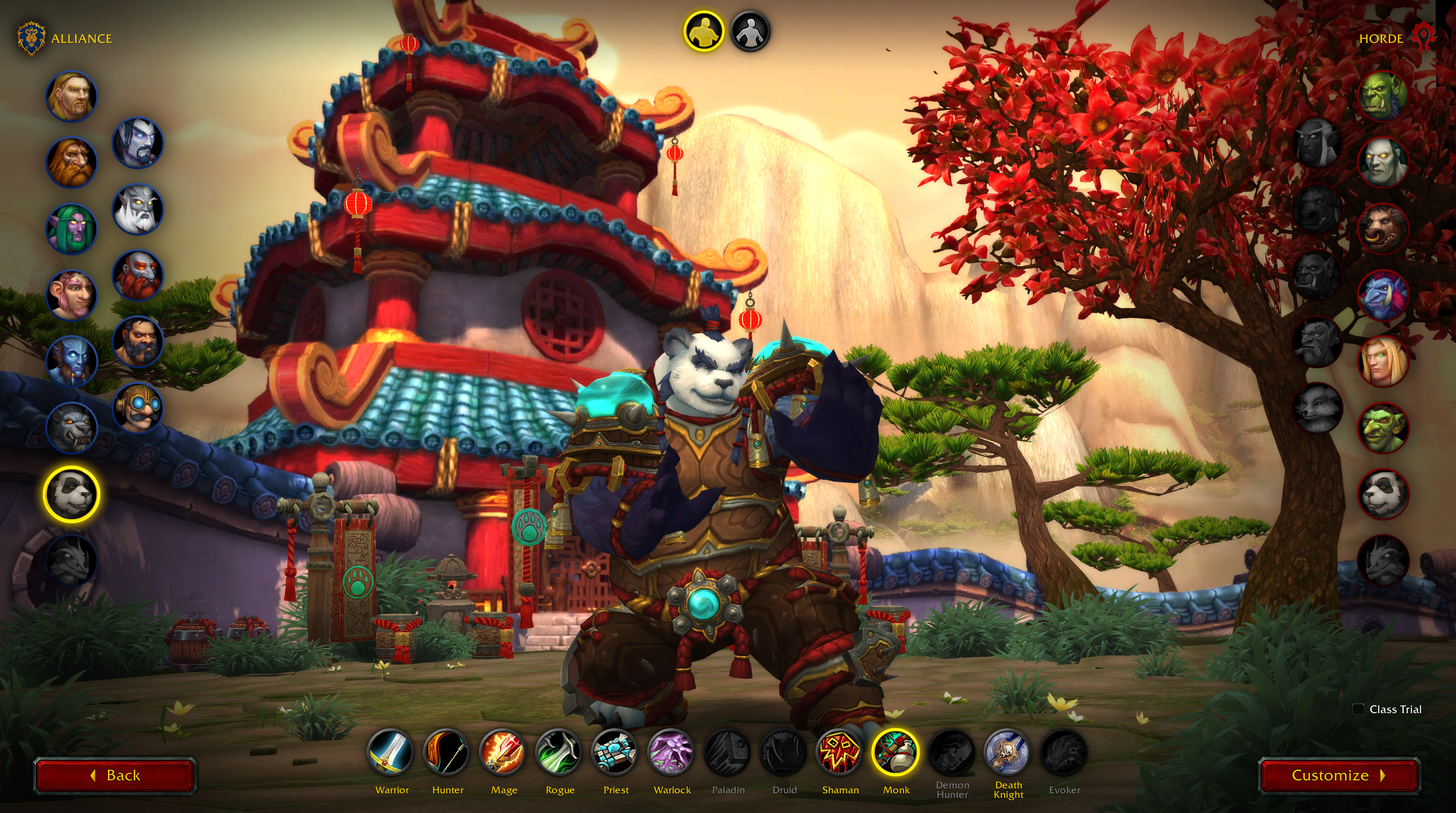 A Pandaren Monk being created in the WoW character creation screen.