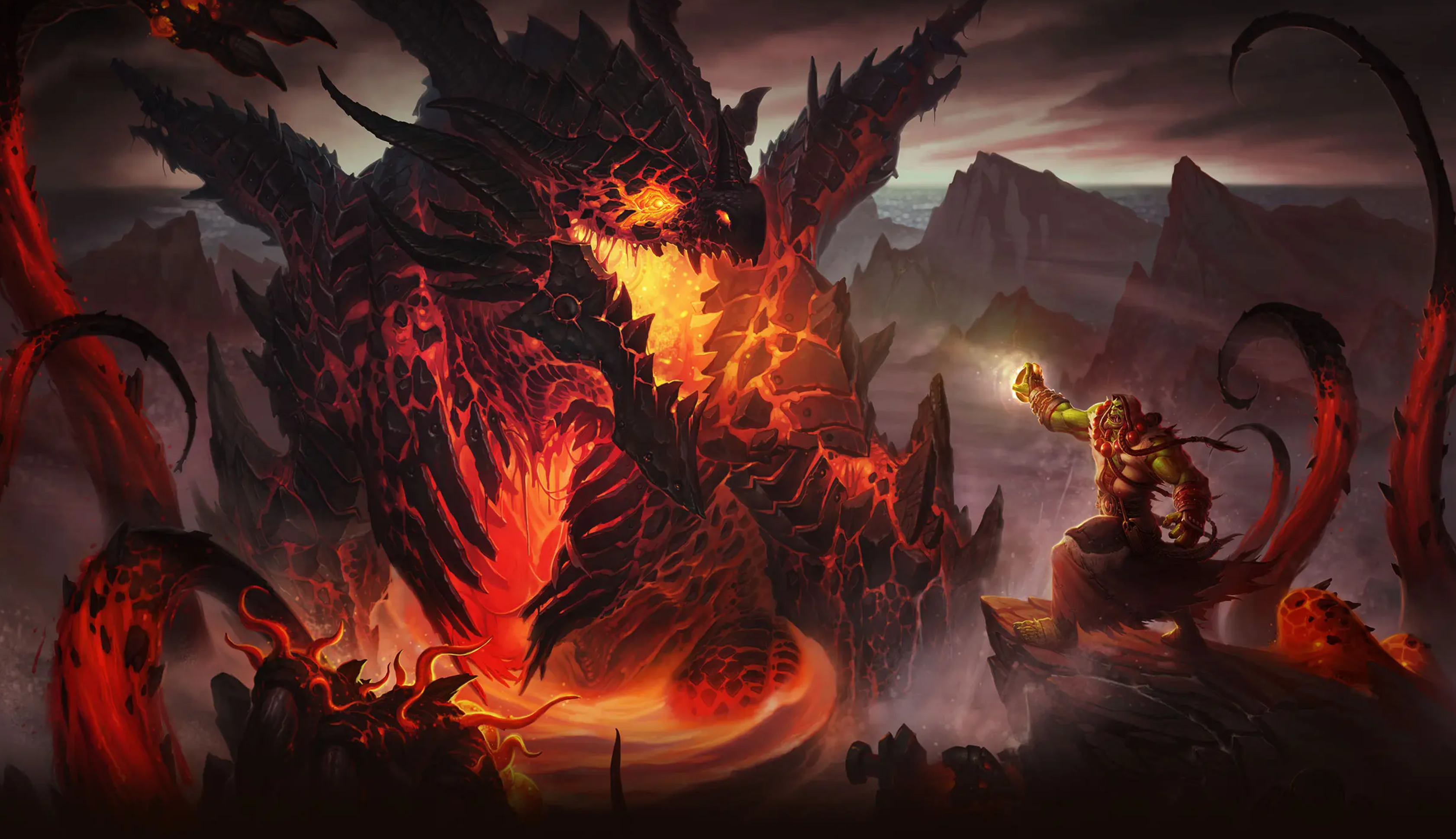 Thrall battling Deathwing in the Dragon Soul -- artwork, World of Warcraft