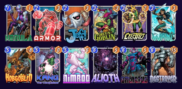 Marvel Snap deck consisting of Nebula, Armor, Jeff the Baby Land Shark, Green Goblin, Electro, Wave, Hobgoblin, Kang the Conqueror, Nimrod, Alioth, Galactus, and Destroyer. 