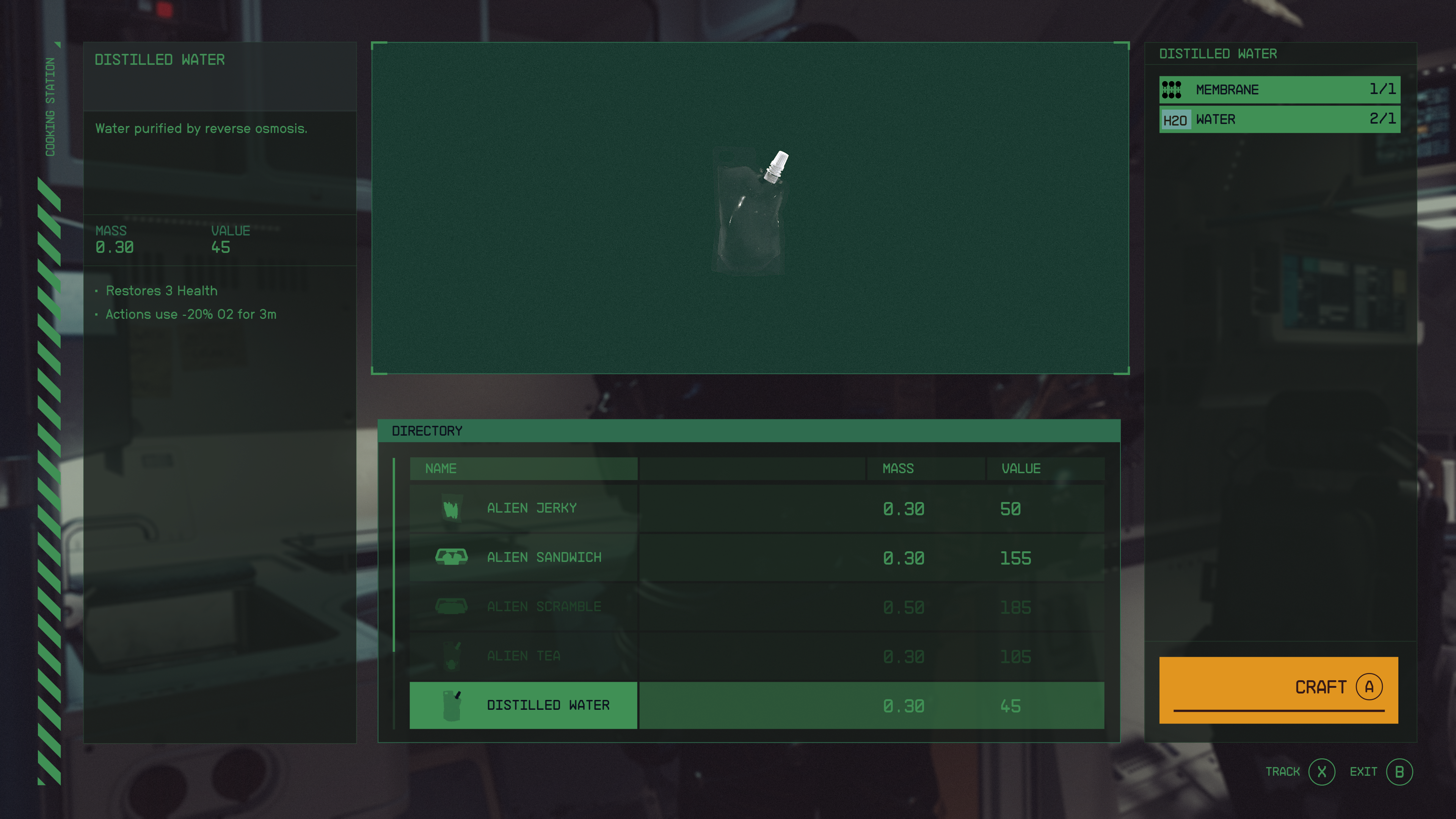 Cooking station crafting screen in starfield with distilled water highlighted
