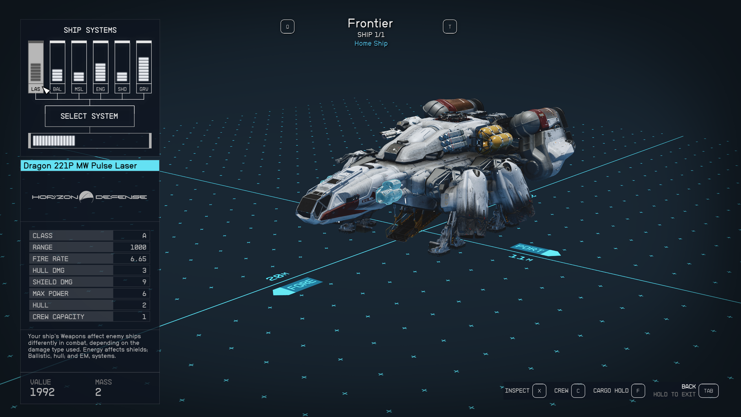 The ship customization menu in Starfield. The ship appears in the middle of the screen against a blue background, while six gauges appear on the top right,