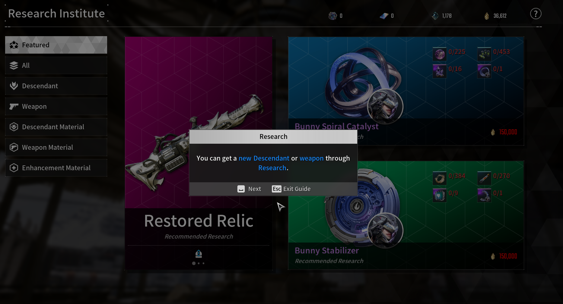 Research menu with a Restored Relic in the background.