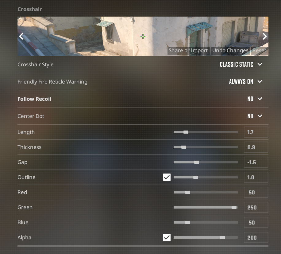 Crosshair portion of the CS2 settings tab. 