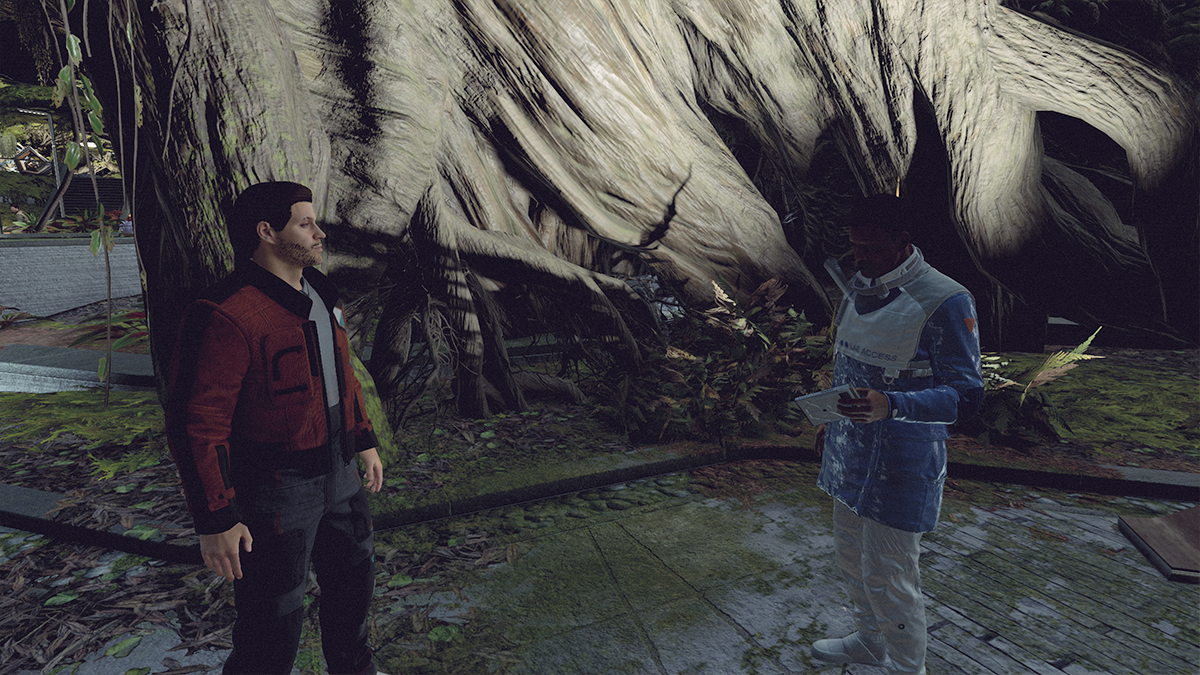 Two men talk at the foot of a huge tree in Starfield. 