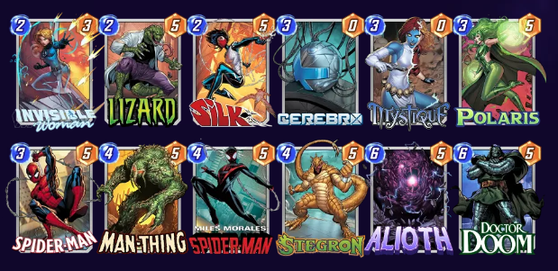 Marvel Snap deck consisting of Invisible Woman, Lizard, Silk, Cerebro, Mystique, Polaris, Spider-Man, Man-Thing, Miles Morales, Stegron, Alioth, and Doctor Doom.