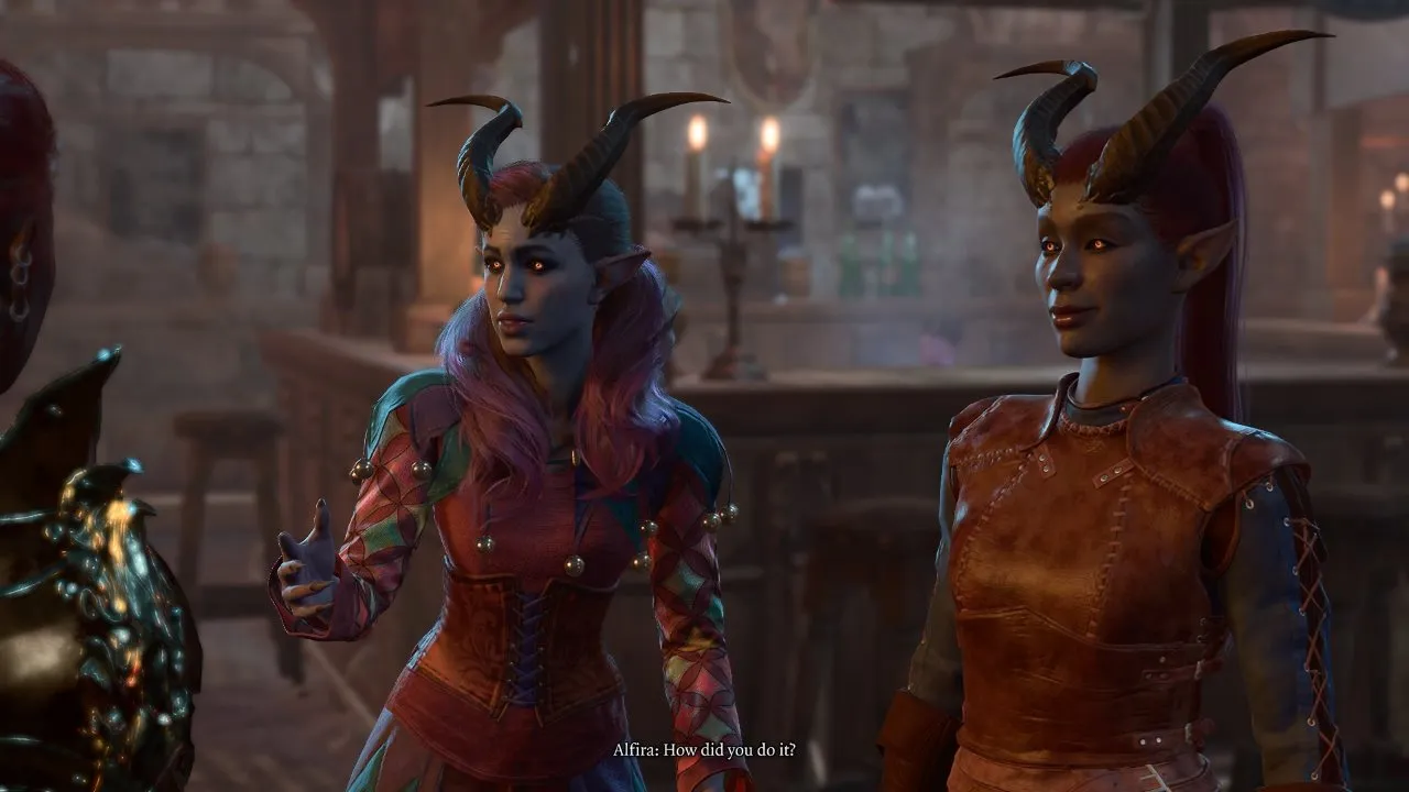 Two tiefling women in Baldur's Gate 3 stand side by side in a dark tavern while conversing with another character just offscreen.