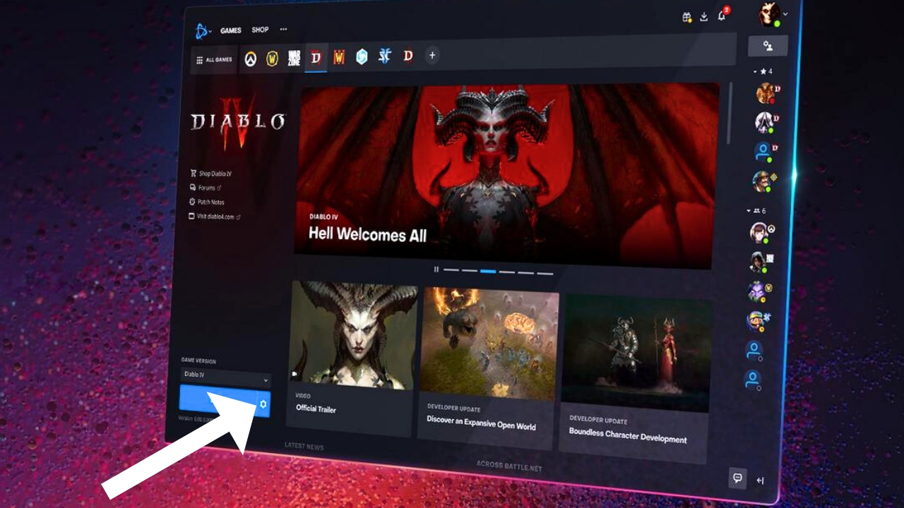 arrow pointing to cog for updates diablo 4 battle.net