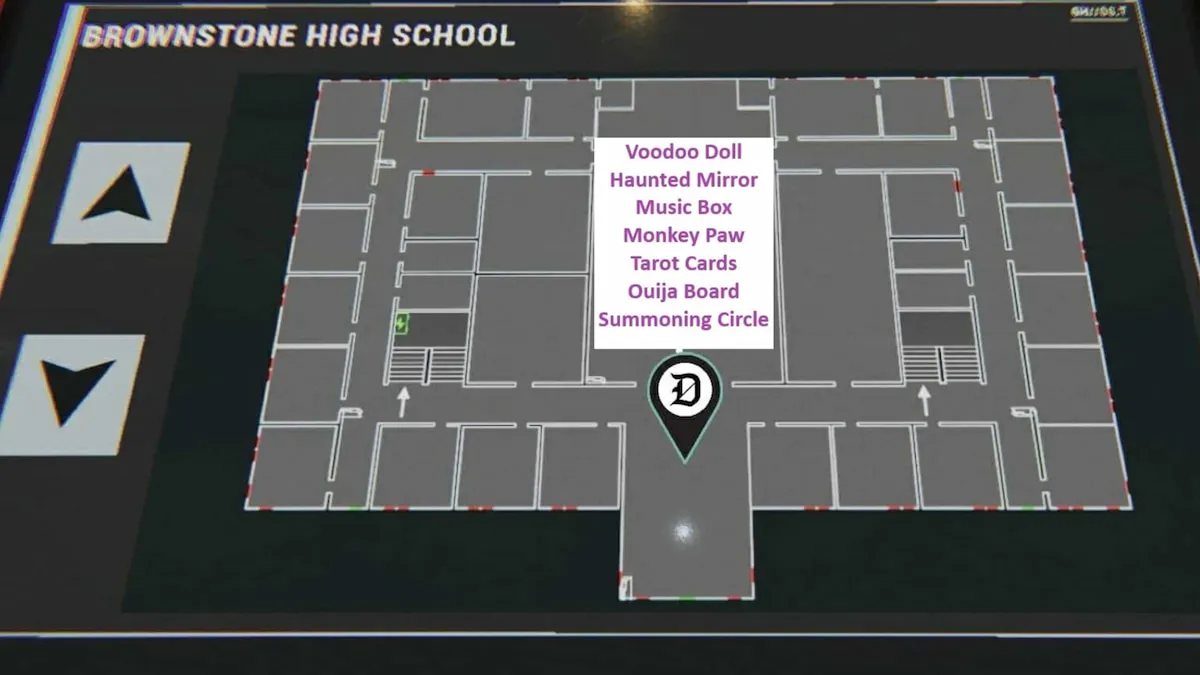 A map of the main floor of Brownstone High School with all seven cursed object locations marked in phasmophobia.