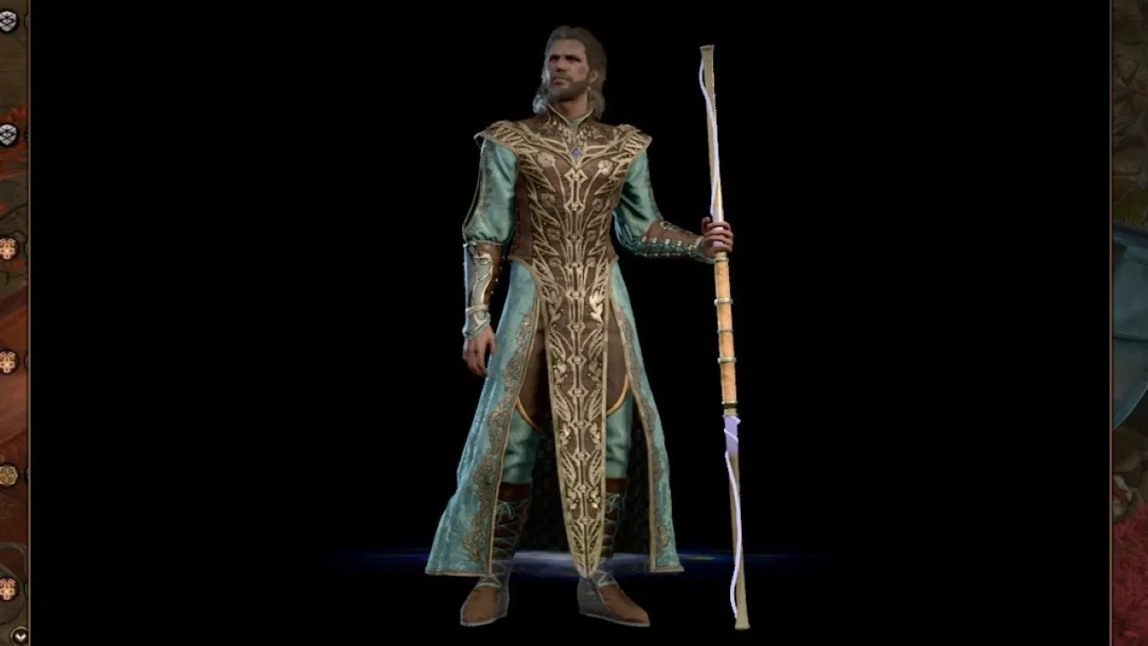 A human wizard from Baldur's Gate 3 poses against a blank black background while wearing a set of ornate robes and holding a quarterstaff.