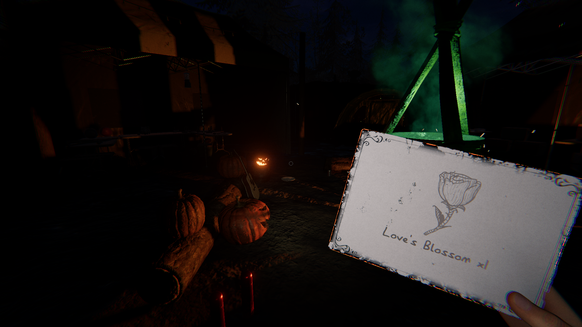 The player holding up a recipe card by a pumpkin at Maple Lodge Campsite. 