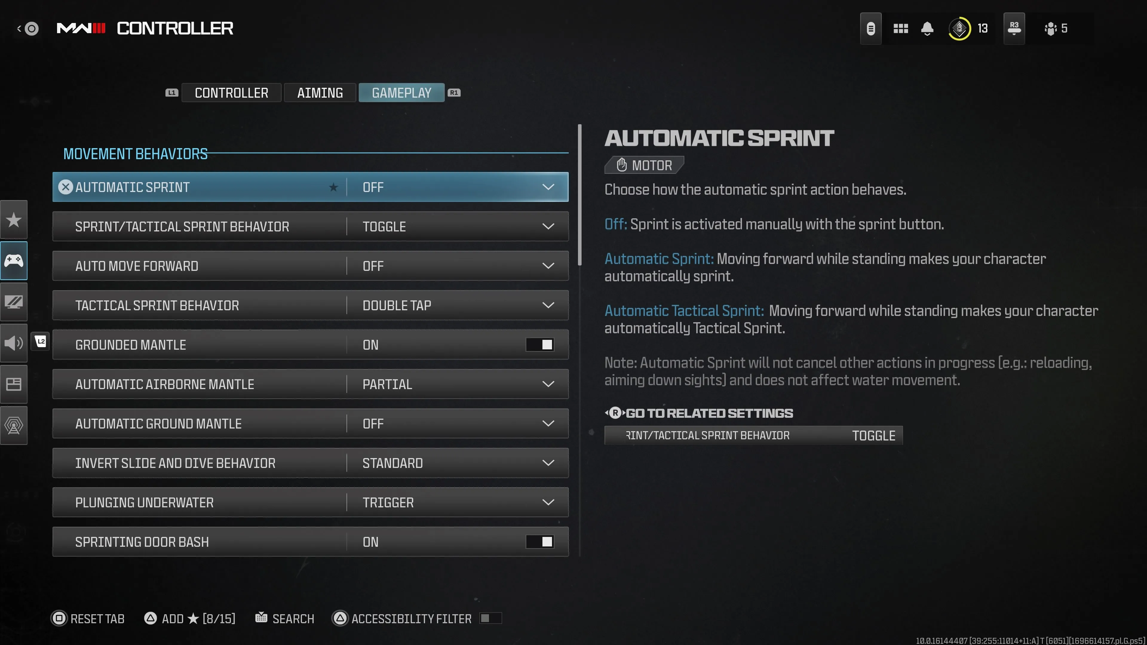 A screenshot of the movement behaviors menu in MW3.