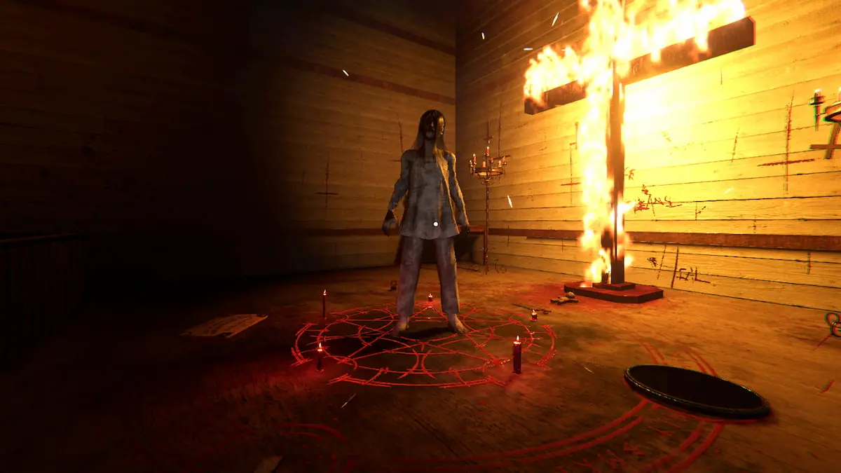 A ghost standing in a glowing red summoning circle with a fiery cross in the background and a circle of cursed objects around them in Phasmophobia.