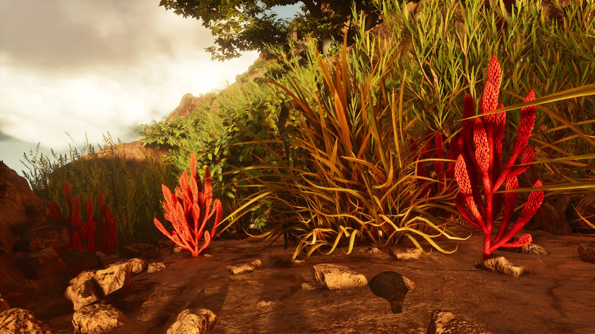 Red flowers shown atop a mountain in Ark: Survival Ascended.