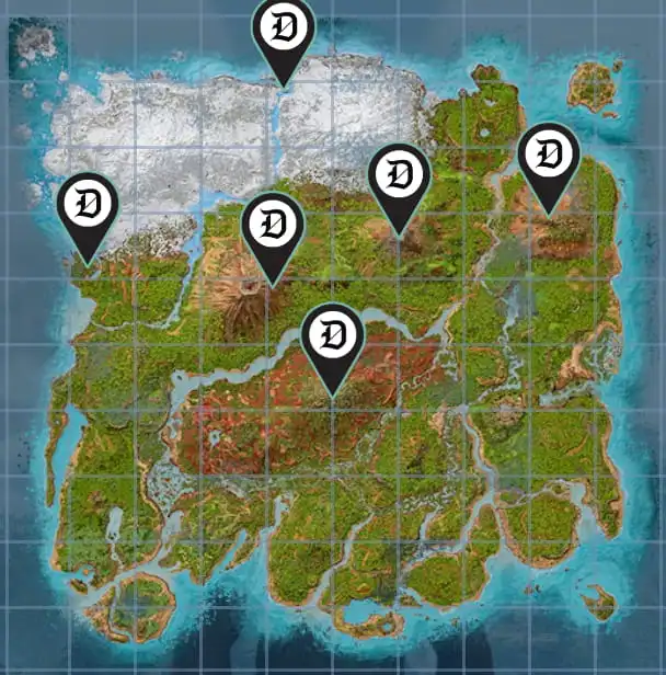 A map of The Island in Ark: Survival Ascended marking Doedicurus spawn locations.