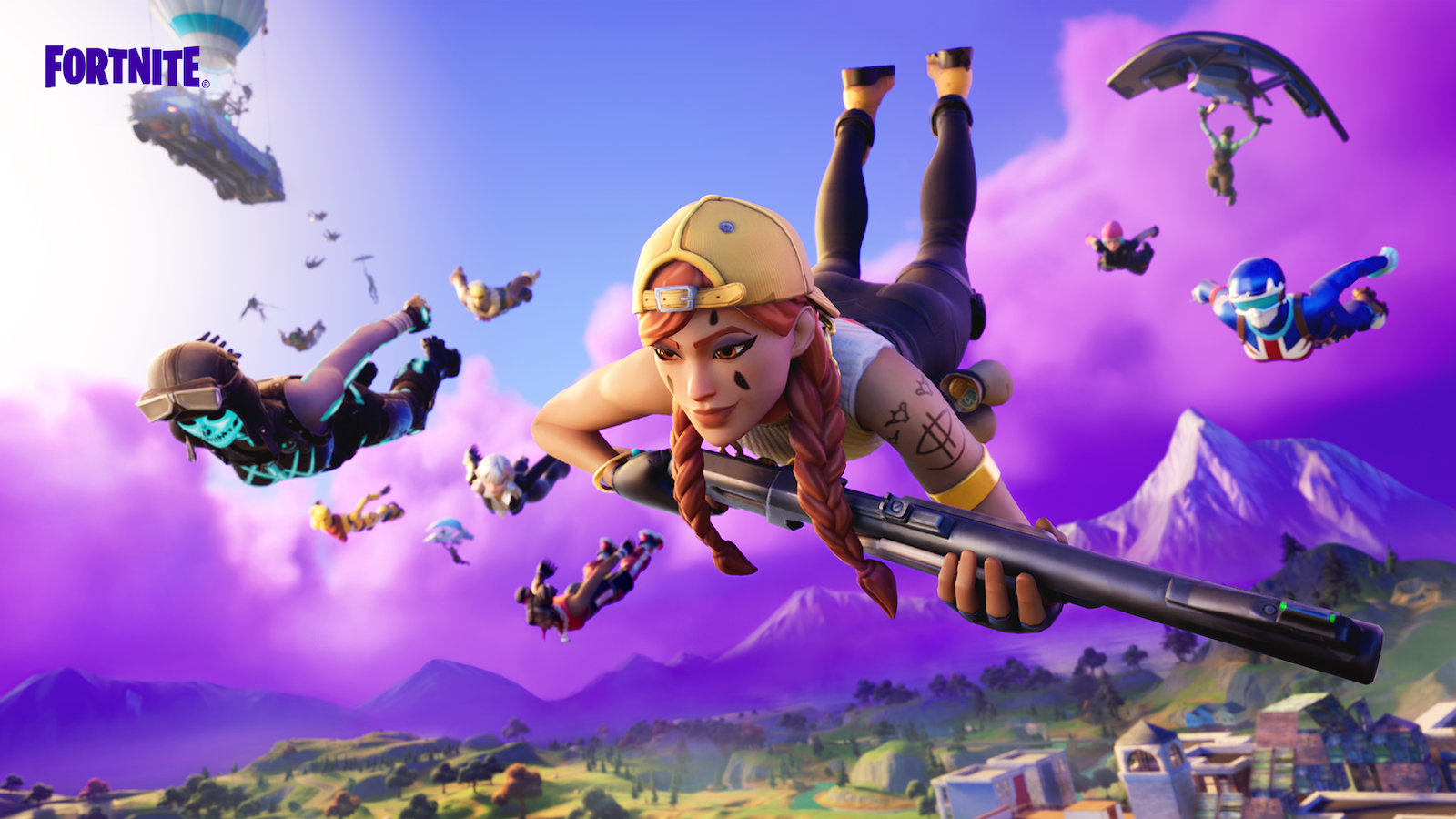 Fortnite players dropping from the battlebus