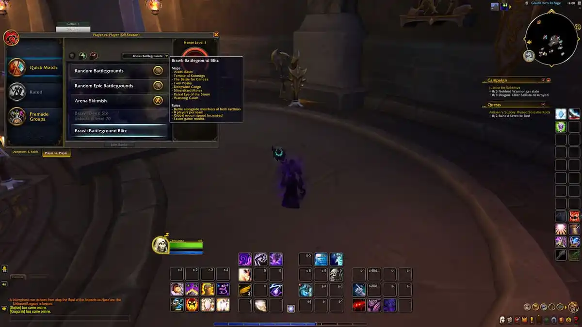 PvP menu showing where to queue for PvP matches in WoW