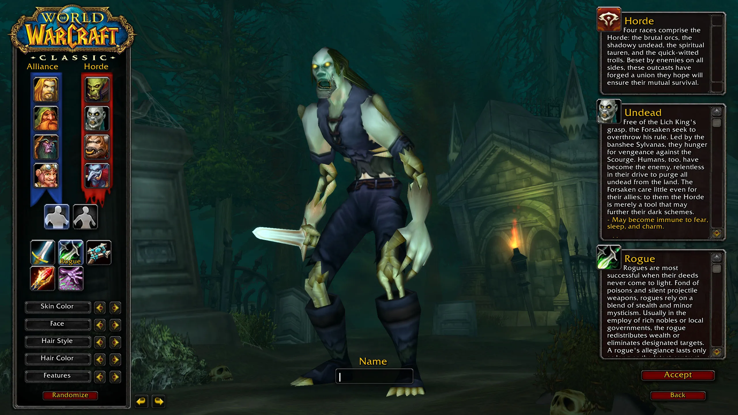 An Undead Rogue standing on the character creator screen