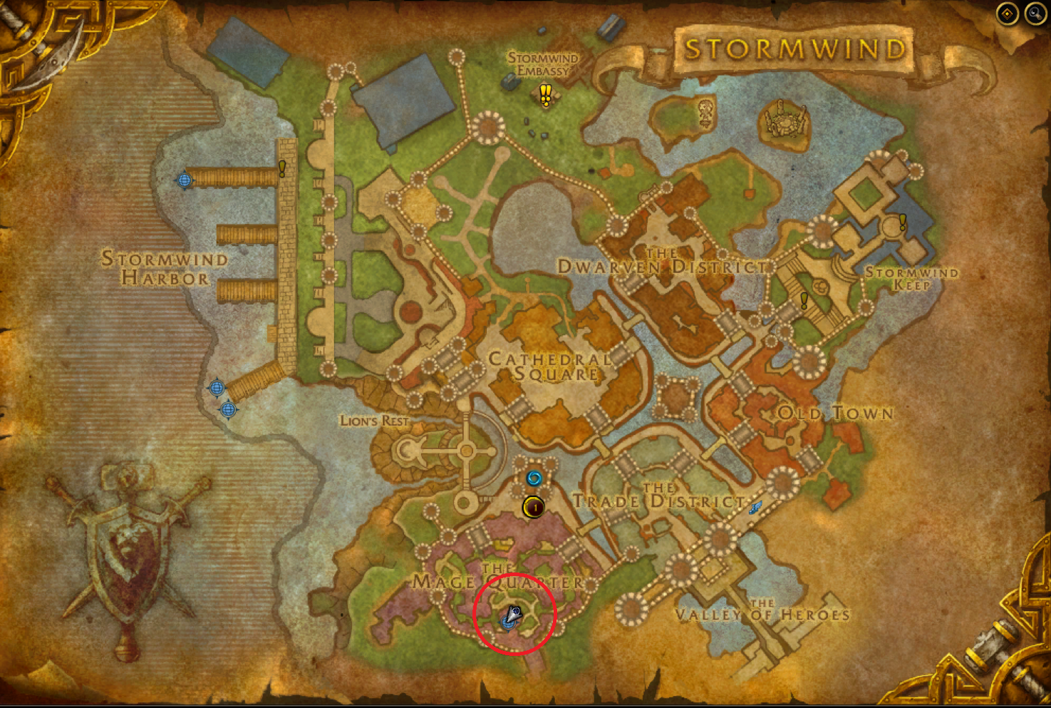 Map of Stormwind with Wizard's Sanctum marked with a red circle