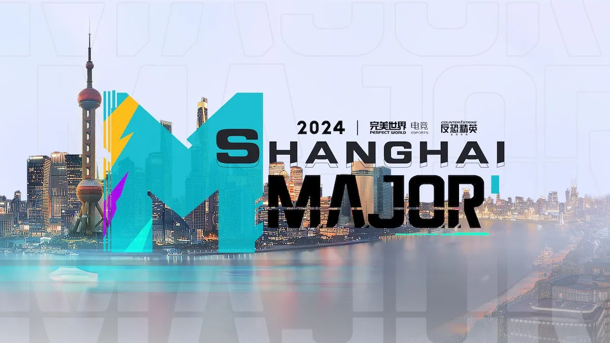 The CS2 Shanghai Major logo superimposed over the skyline of Shanghai, China.