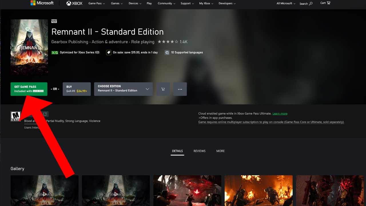 Red arrow pointing to the Game Pass box for Remnant 2