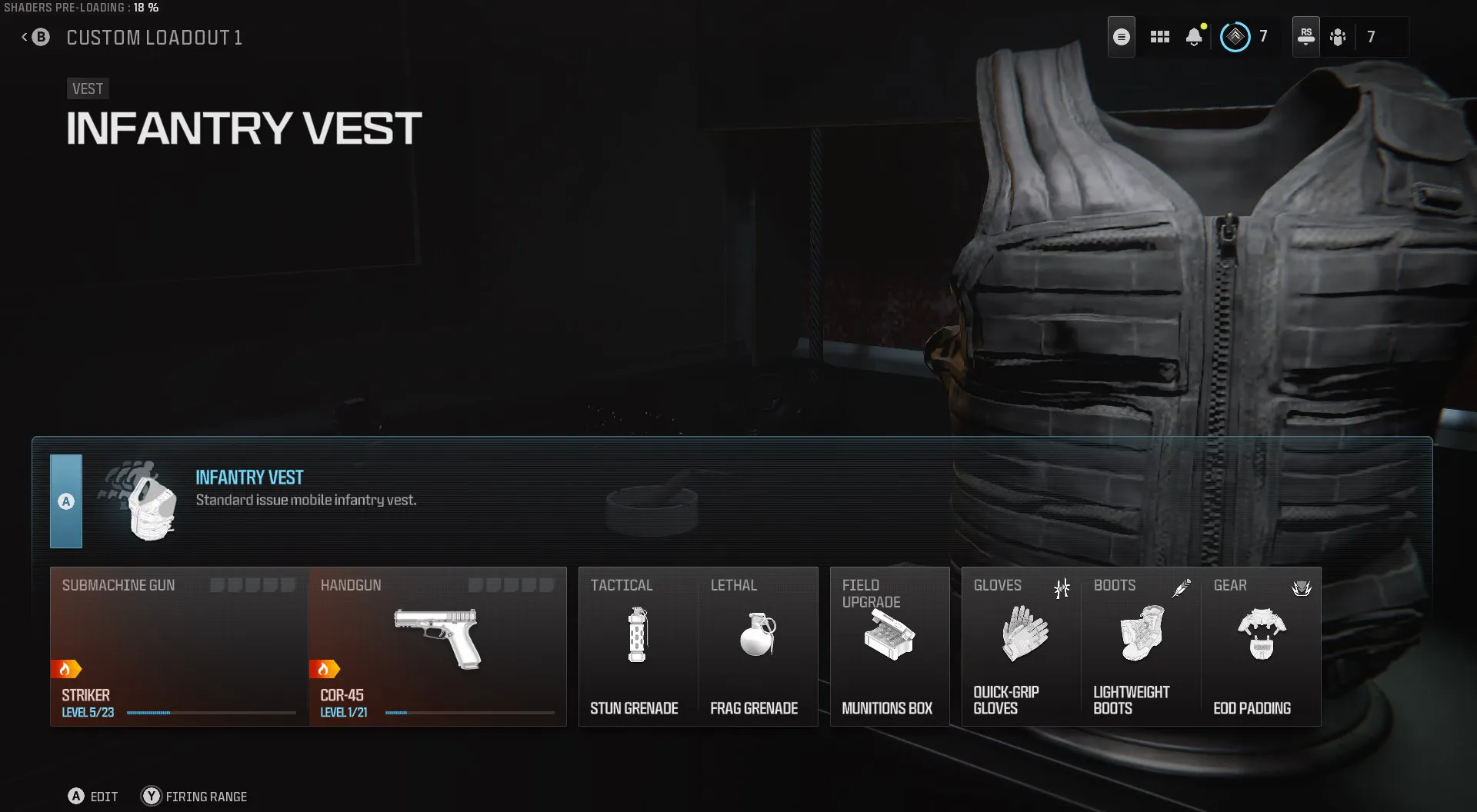 The loadout screen in MW3, with the vest section highlighted in blue.