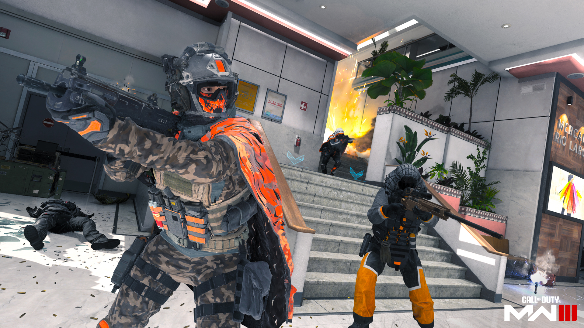 A screenshot of CoD operators fighting and defending an objective on a new map in MW3 season one.