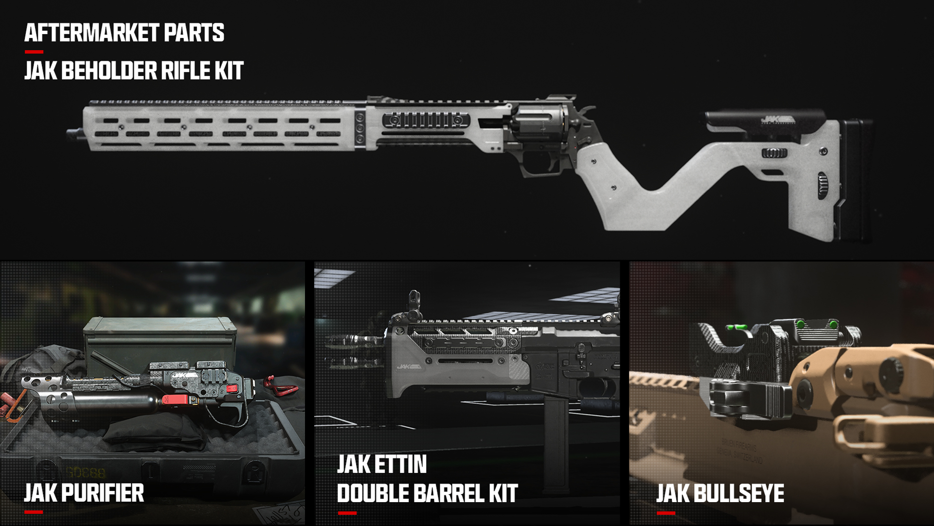 An image highlighting four of the Aftermarket Parts coming to MW3 in season one.