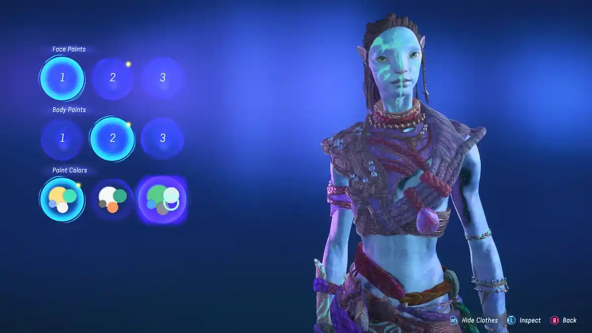 A screenshot of the character creator in Avatar: Frontiers of Pandora showing face paint options.