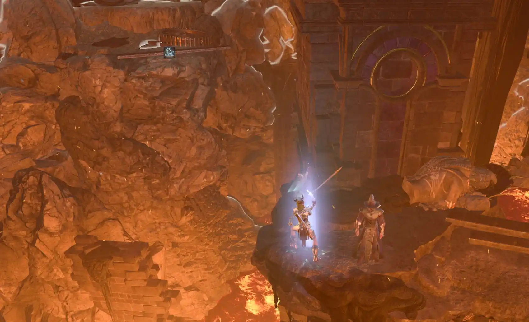 Several characters stand against a red cliffside, showing players where they need to jump or fly to in grymforge.