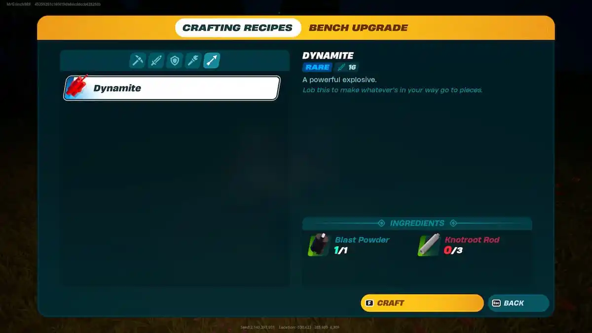 A crafting screen showing how to make dynamite