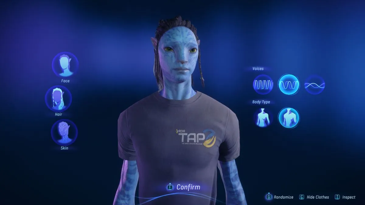 The character creation menu in Avatar: Frontiers of Pandora