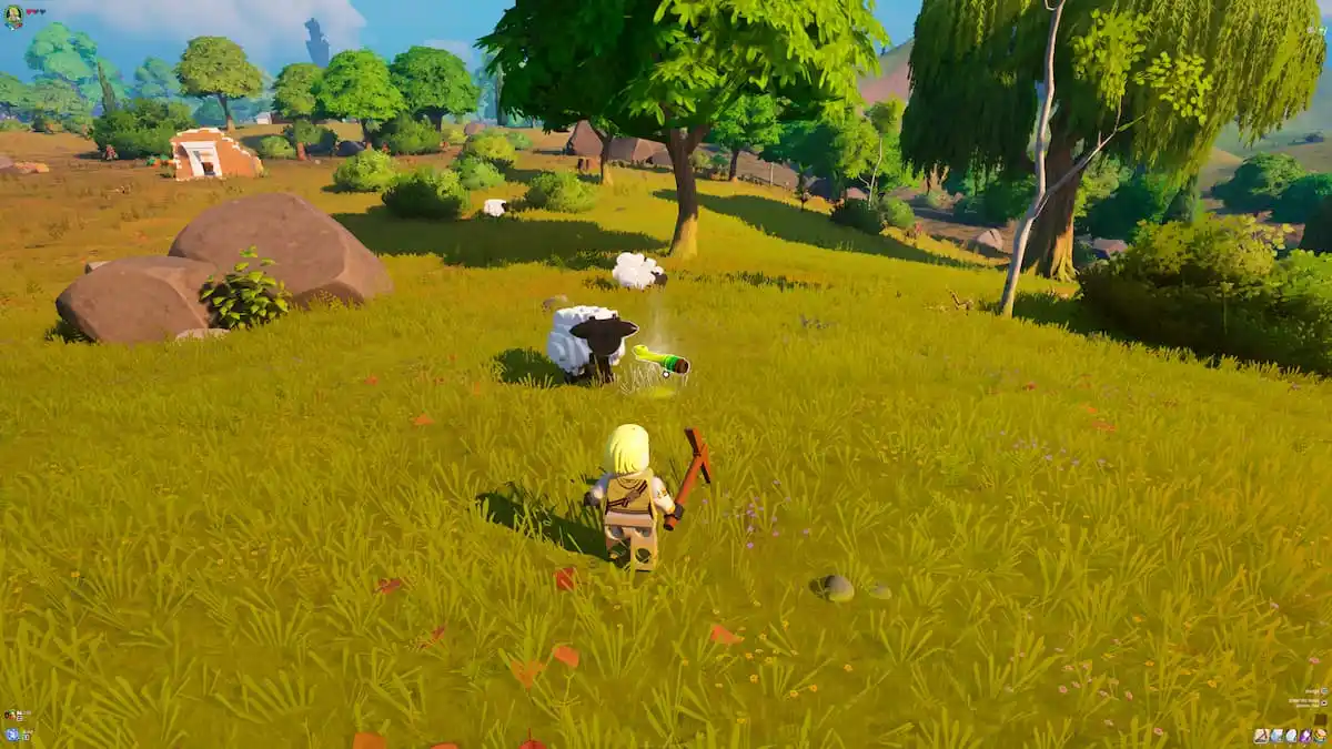 A Lego character feeding a sheep in Lego Fortnite