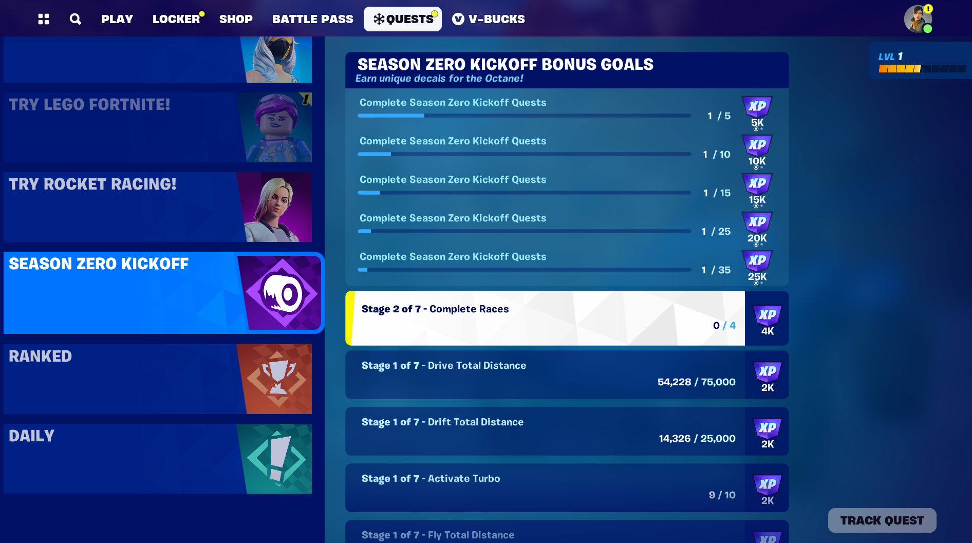 List of Season Kickoff quests Fortnite Rocket Racing