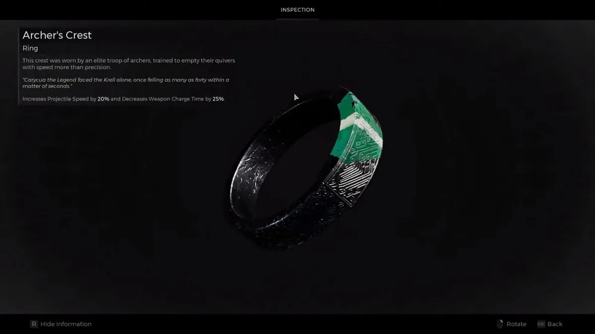 Archer's Crest ring with it's stats from Remnant 2