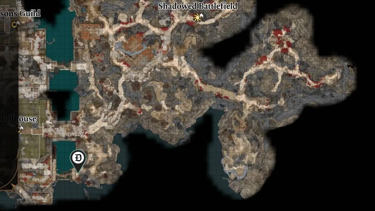 The map of BG3's second act showing a big river flowing through a deserted land.