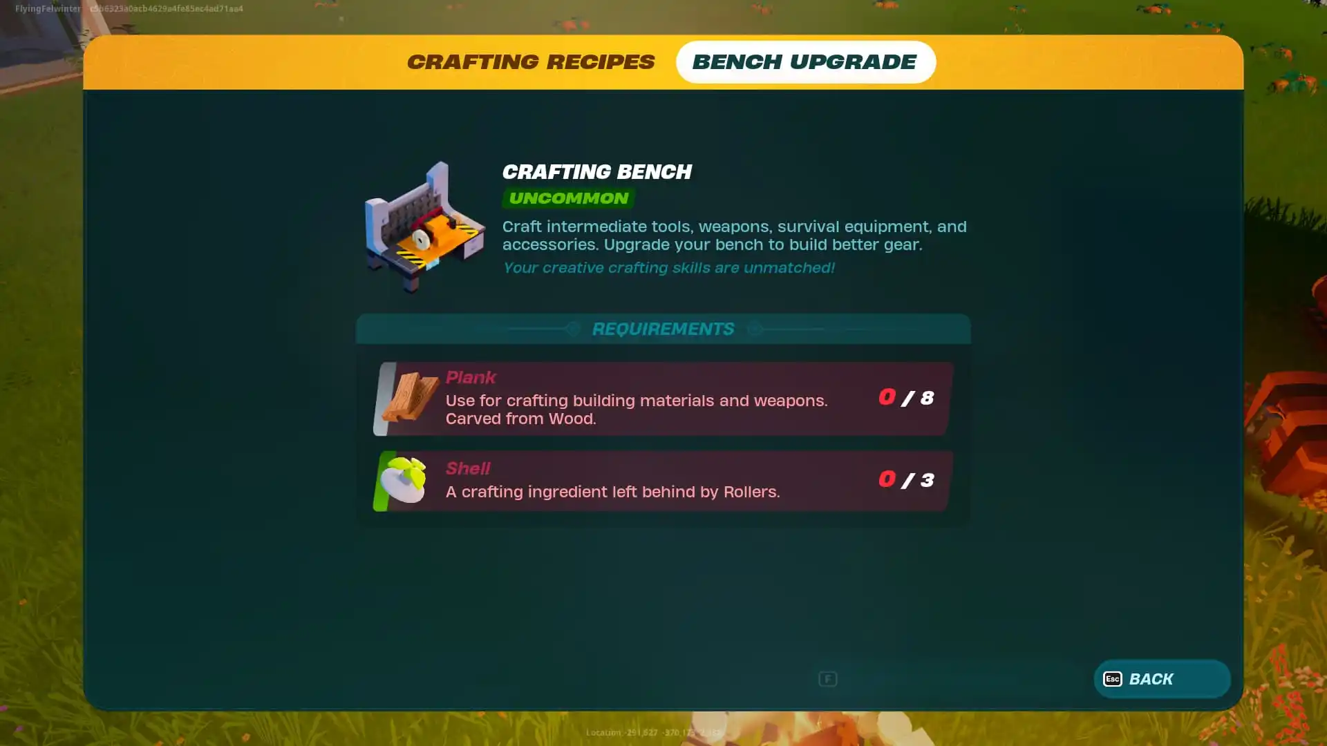 Crafting bench upgrade menu in LEGO Fortnite