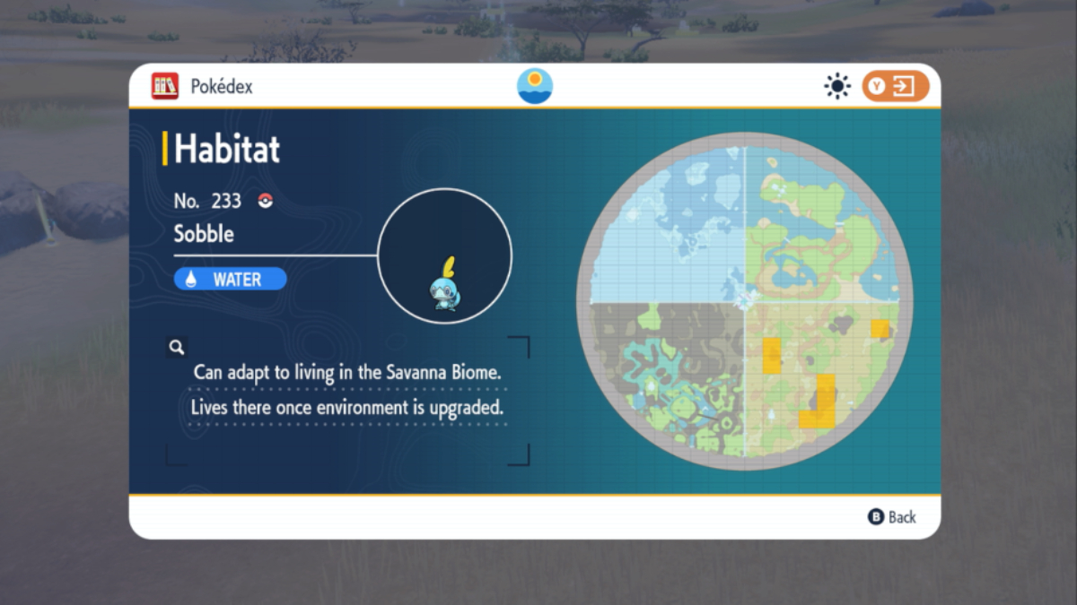 A screenshot showing Sobble's location in The Indigo Disk.