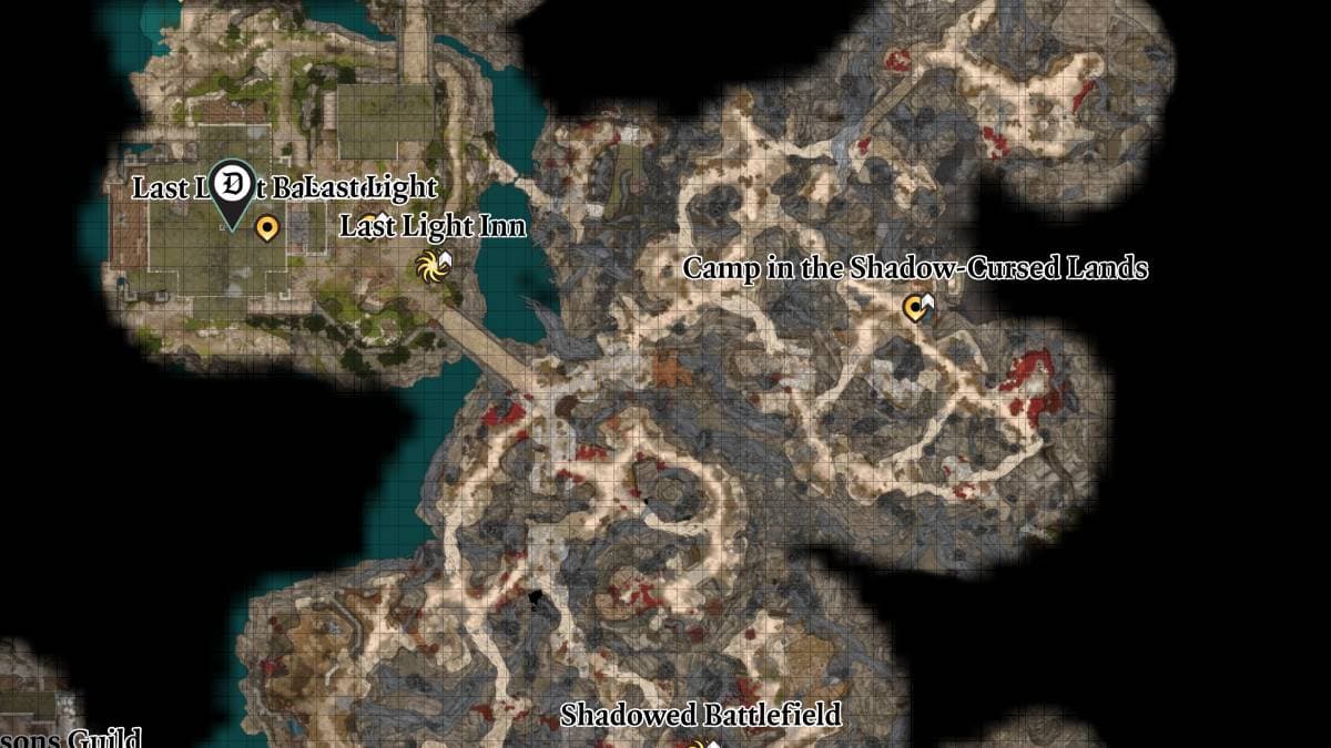 A map of Baldur's Gate 3's second Act showing numerous rocky and treacherous lands.