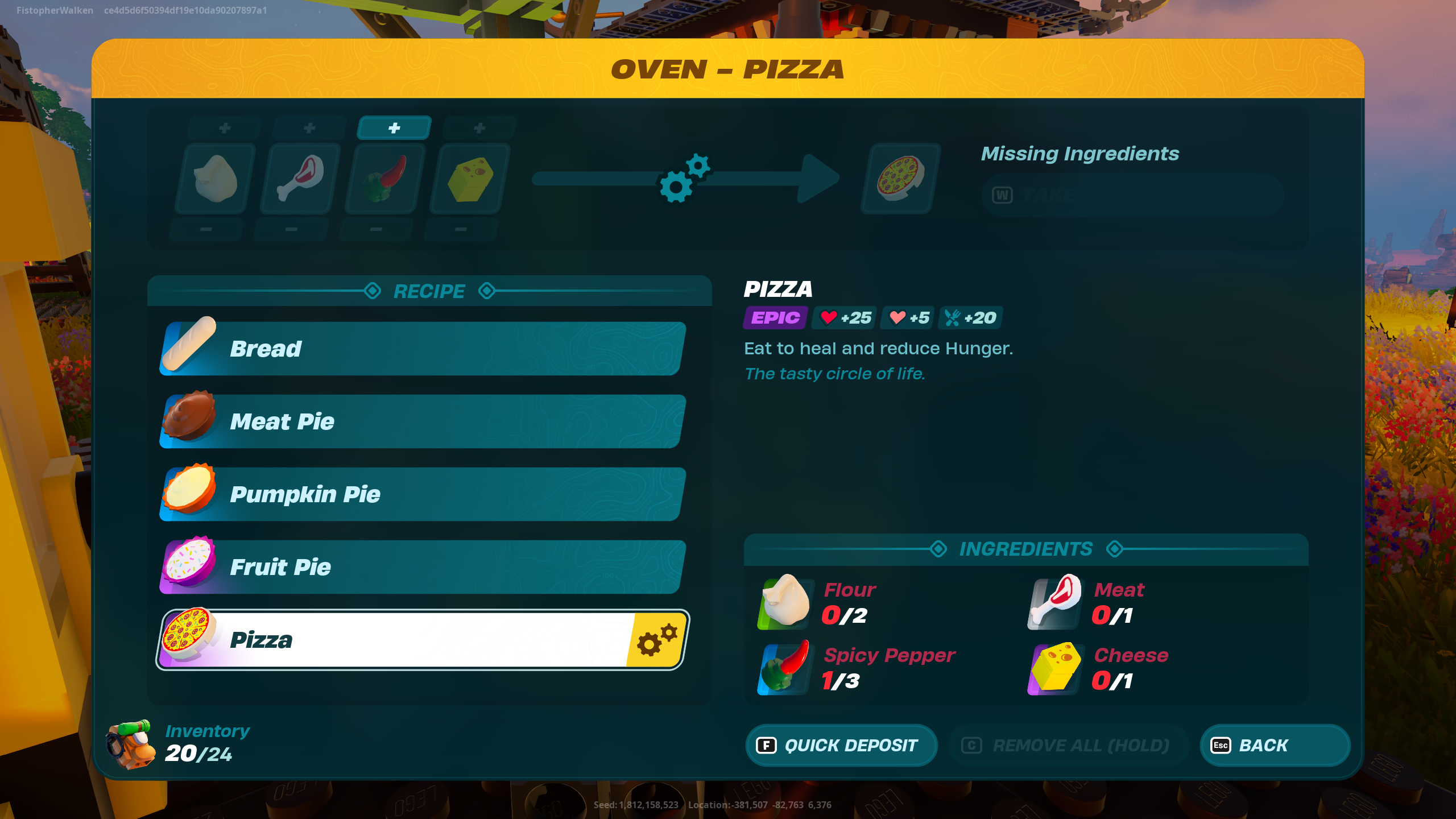 Pizza recipe in a LEGO Fortnite menu.