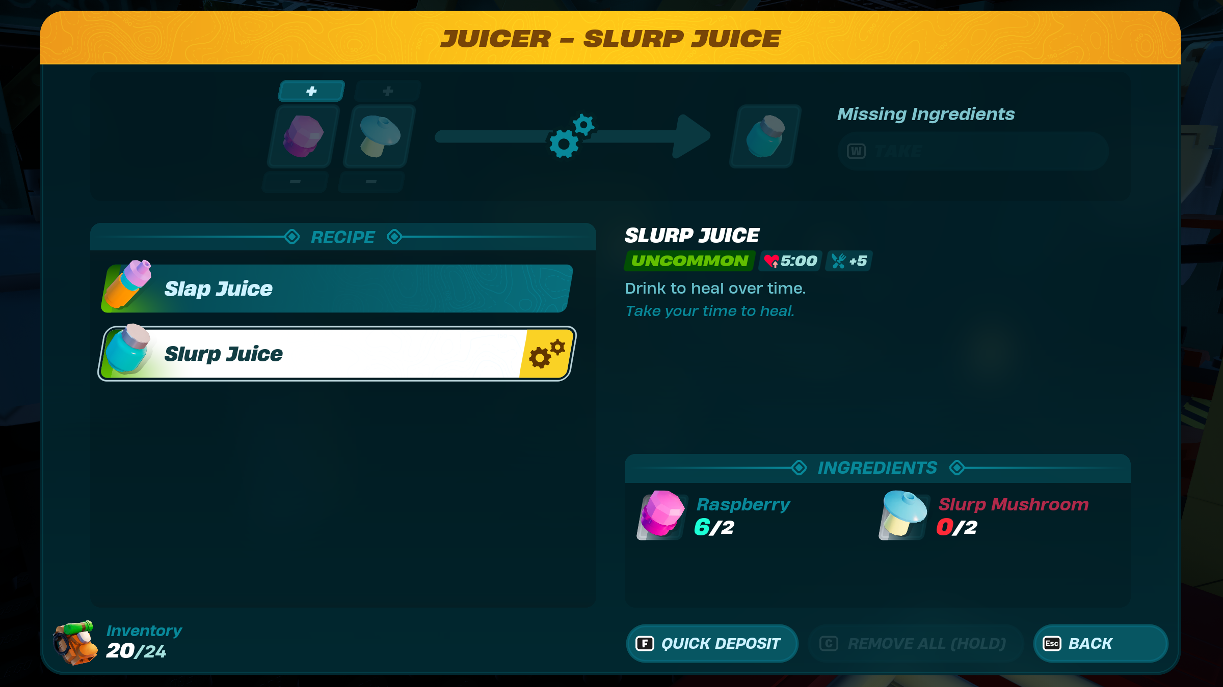 Slurp Juice recipe in a LEGO Fortnite menu.