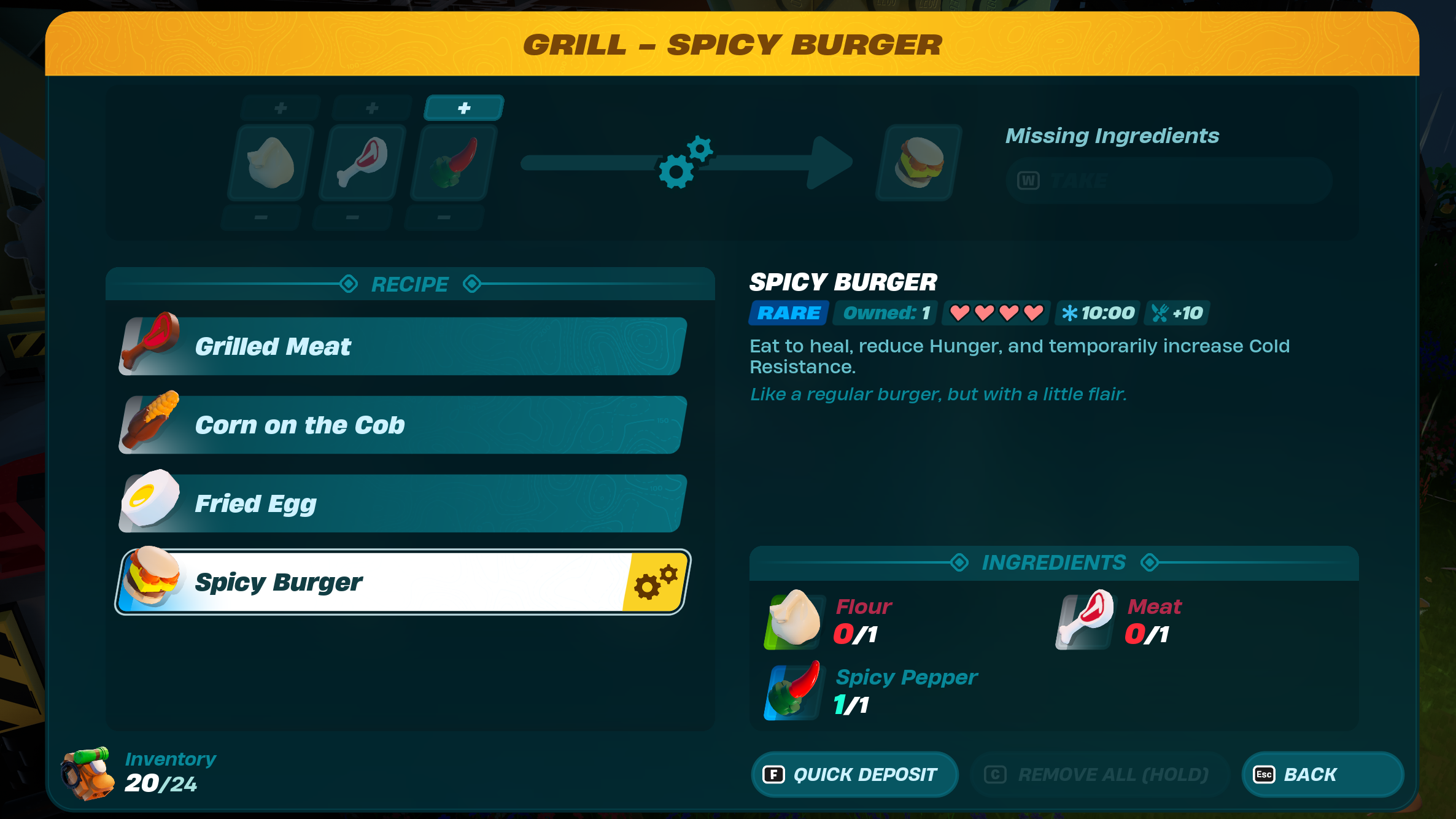 Spicy Burger recipe in a LEGO Fortnite menu.