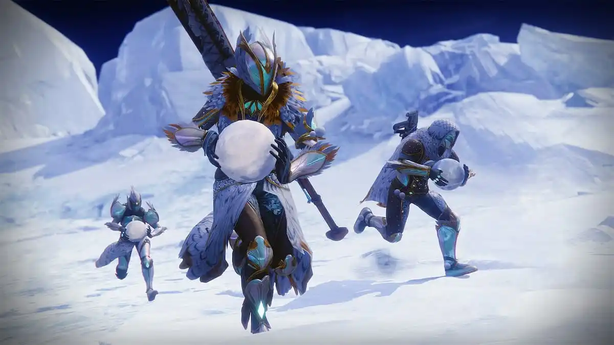 three destiny 2 characters holding snowballs