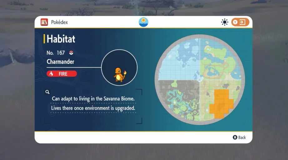 A screenshot of Charmander's Habitat page in the Blueberry Pokédex of Scarlet and Violet.